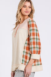 SAGE + FIG Exposed Seam Button Detail Plaid Top OutfitFlow